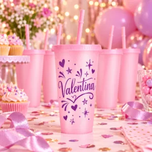 Vaso rosado personalizados con nombre para fiestas